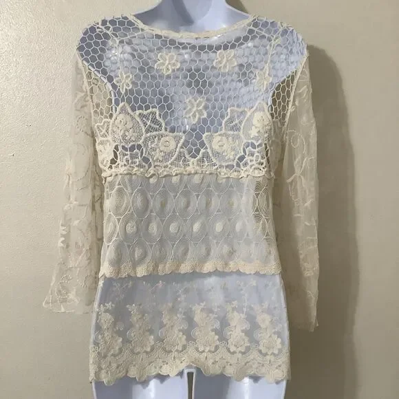 Cream Sheer Lace Crochet Fairycore Fairy Bohemian Hippie Boho Lagenlook Top M - Picture 4 of 7